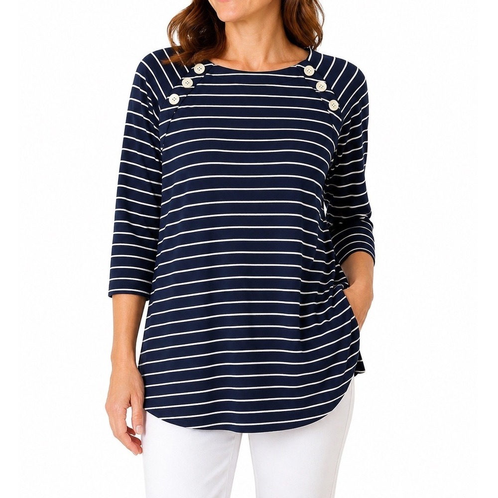 J Jill Wearever Striped Tunic XL Petite Nautical Preppy Button 3/4 Sleeve